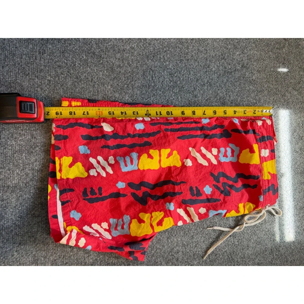 Vintage 90s Basic Gear Abstract Print Swim Trunks Red Yellow Blue Mens 36